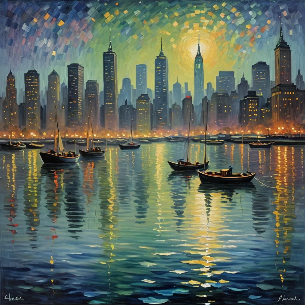 New York Night Lake in Neo-Impressionism Style