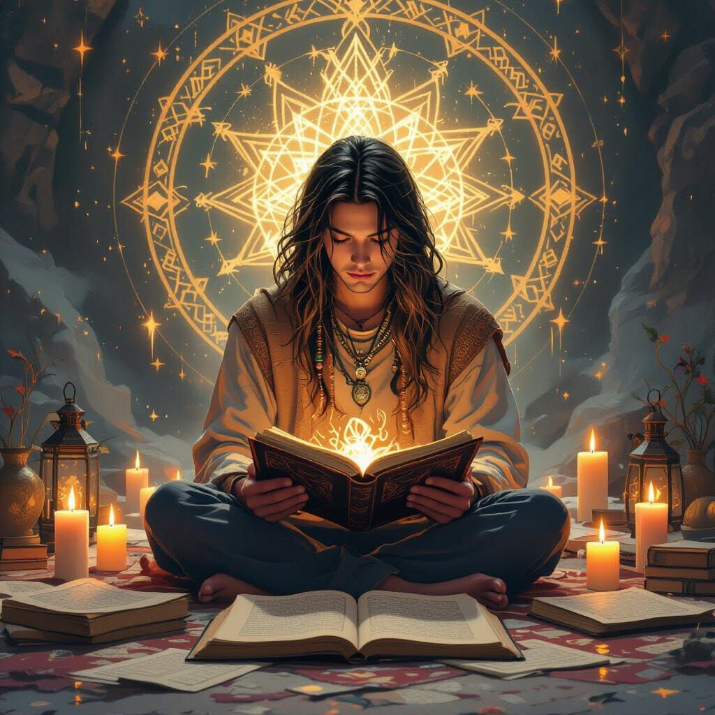 Mystical Person Immersed in Spiritual Texts with Ethereal Gl...