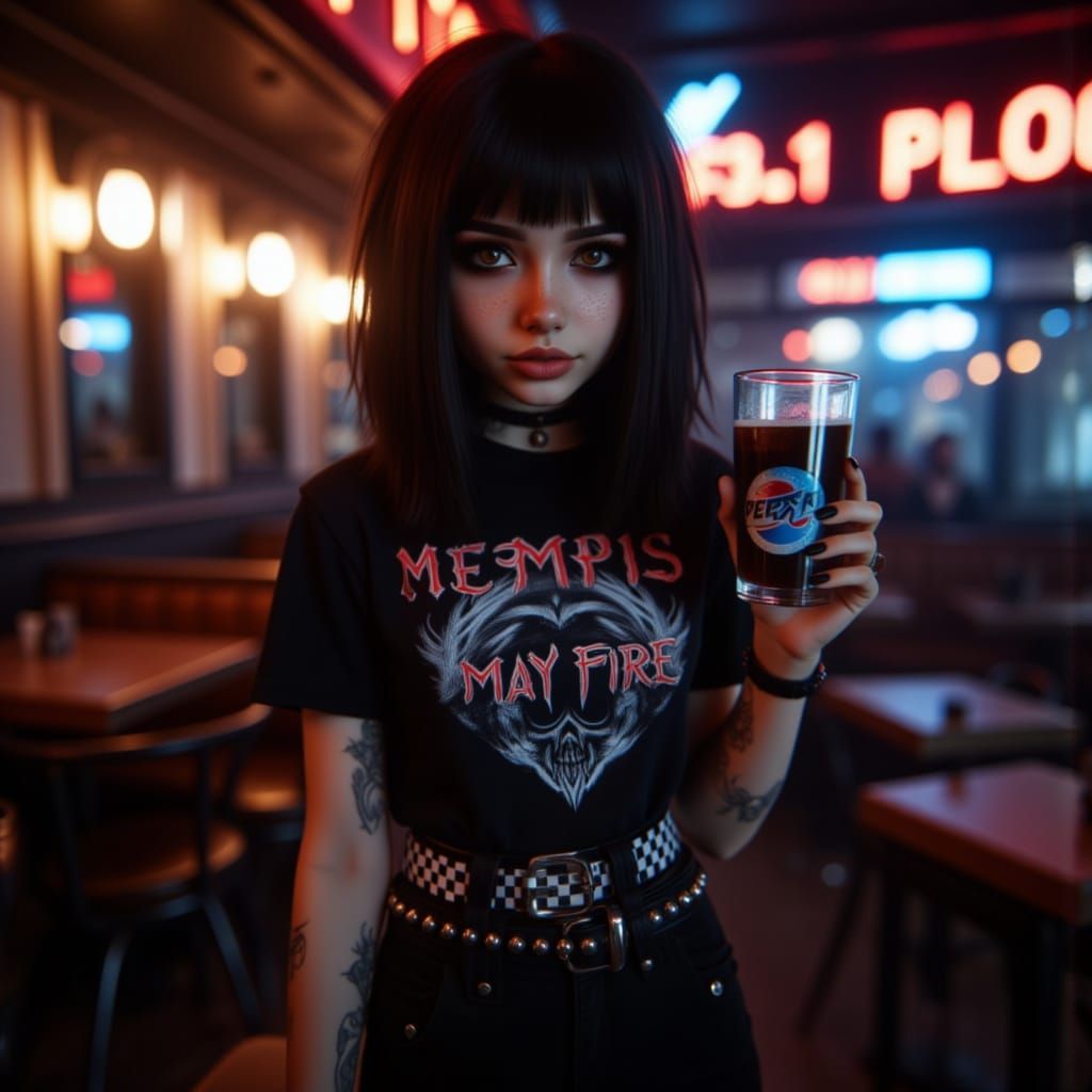 Emo Woman in Dim Restaurant Holds Pepsi