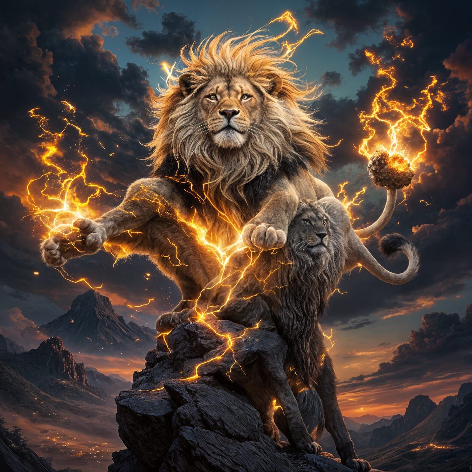 Fiery Lion Overlooking Savanna, Hyperrealistic Digital Art