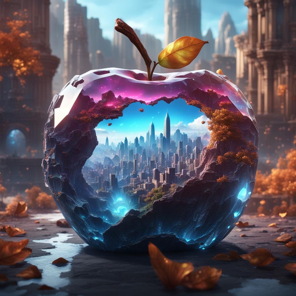 Bioluminescent Crystal Apple City: Detailed Matte Painting