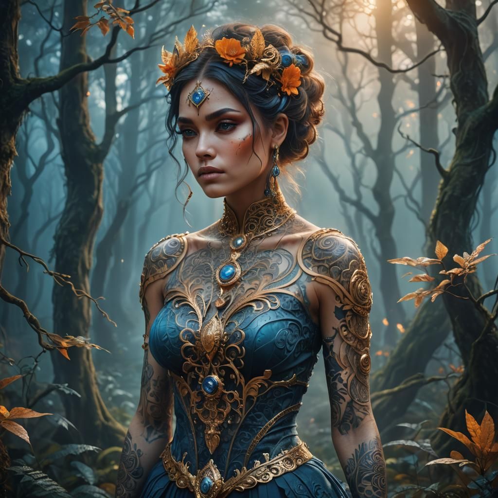 Mystical Woman in Misty Forest: Digital Art Portrait