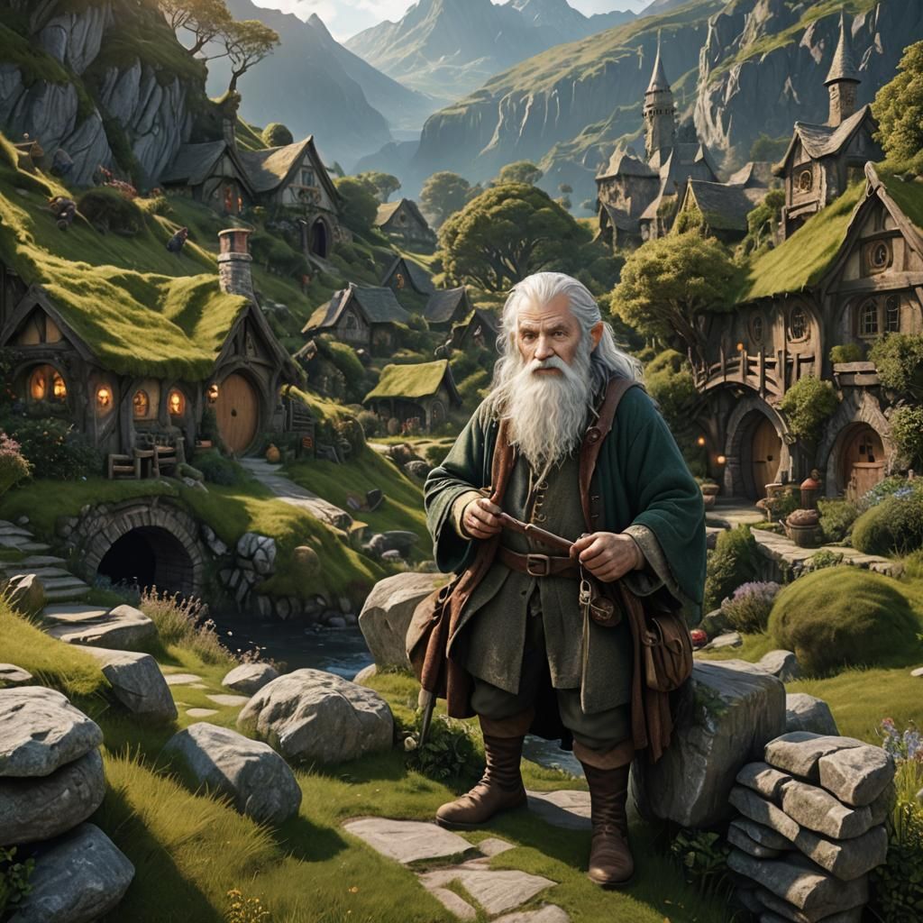 Old Hobbit Leader in Peaceful Shire: Matte Painting
