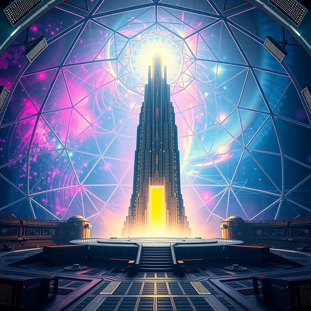 Quantum Computer Inside Glowing White Geodesic Dome