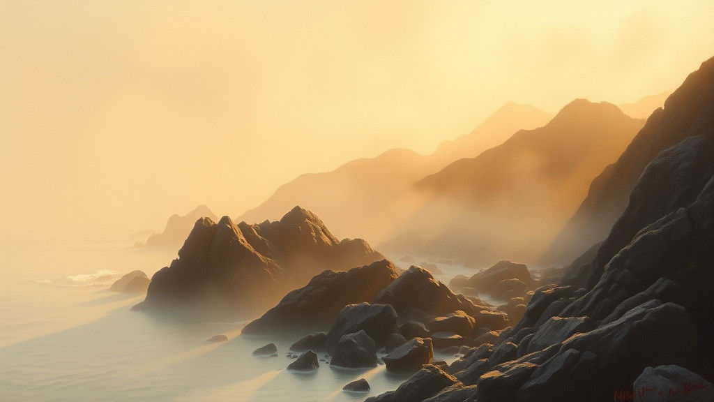 Misty Rocky Coastline Landscape in Atmospheric Oil Painting