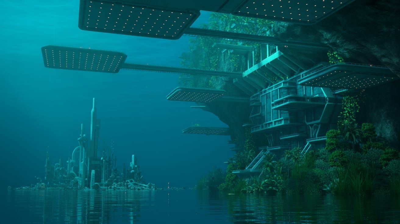 Surreal Underwater City with Bioluminescent Reef