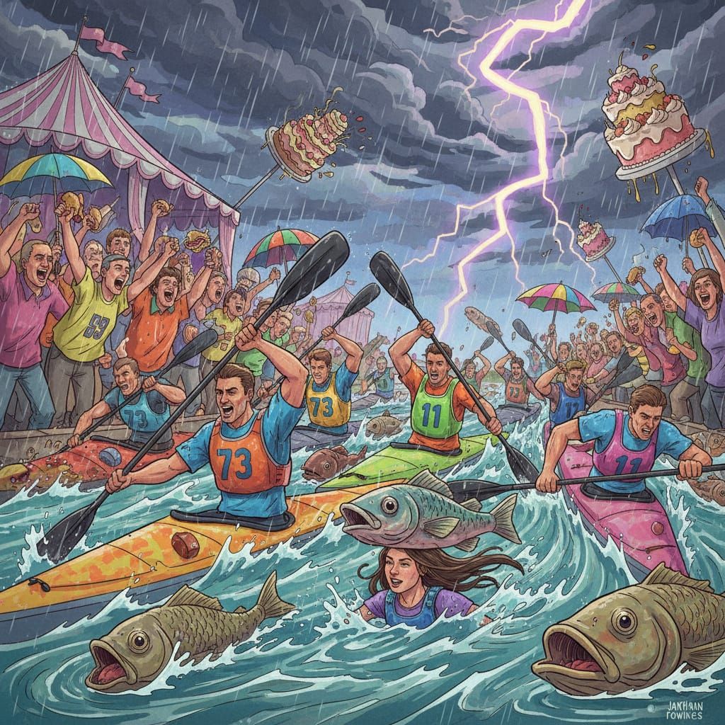 Kayakers Brave Stormy Waters Amidst Whimsical Chaos