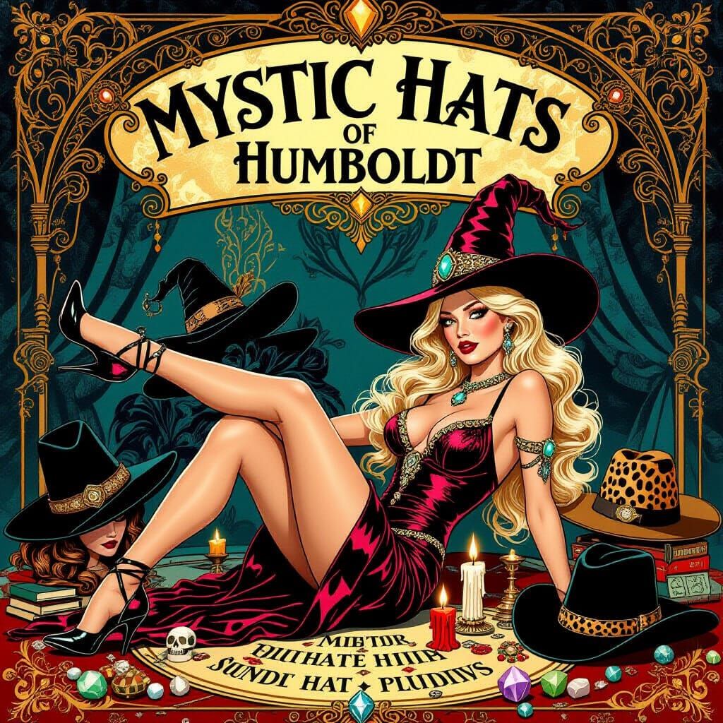 Surreal Art Deco Sign with Femme Fatale in Witch Hat