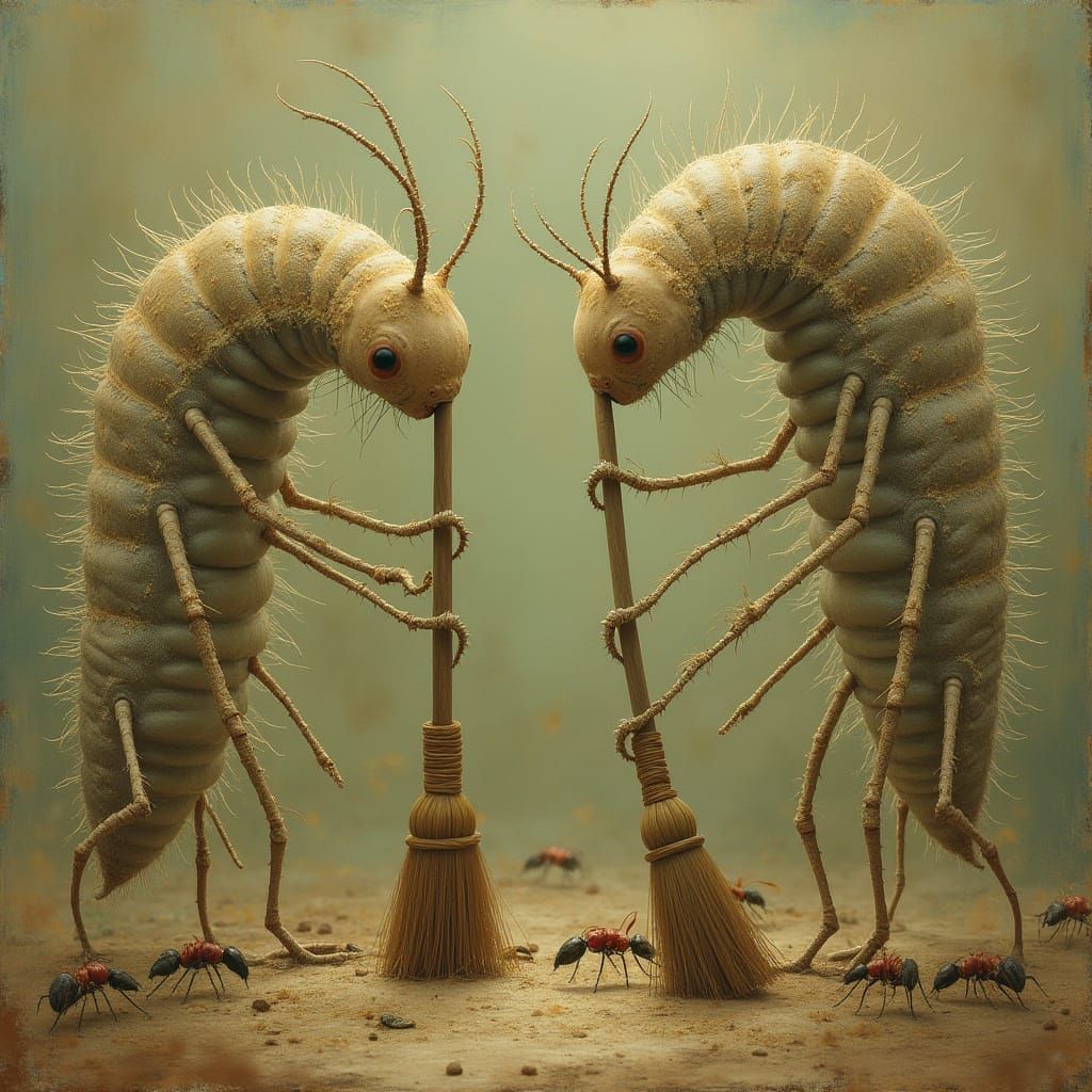Surrealist Caterpillars Push Ants with Brooms in Whimsical S...