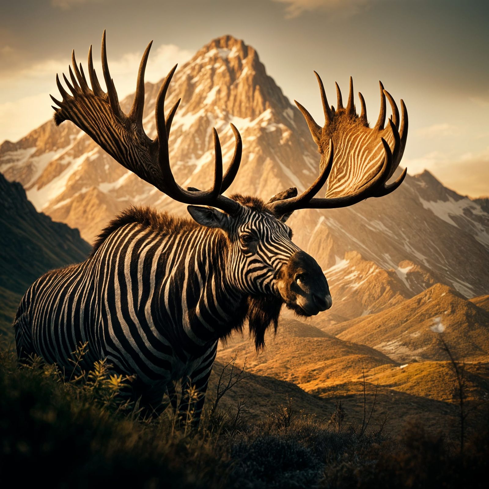 Zebra Striped Moose on Mountain at Sunset