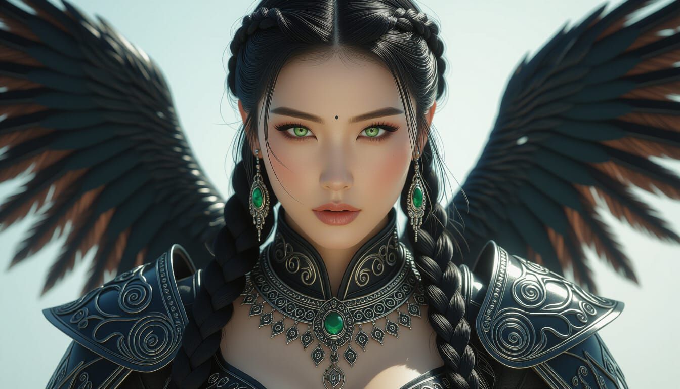 Korean Amazon Queen with Feather Wings: Hyperrealism Portrai...