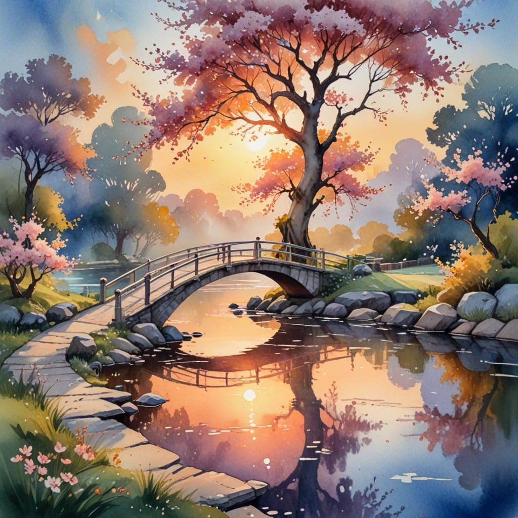 Ethereal Blossom Bridge in Sunset Watercolour