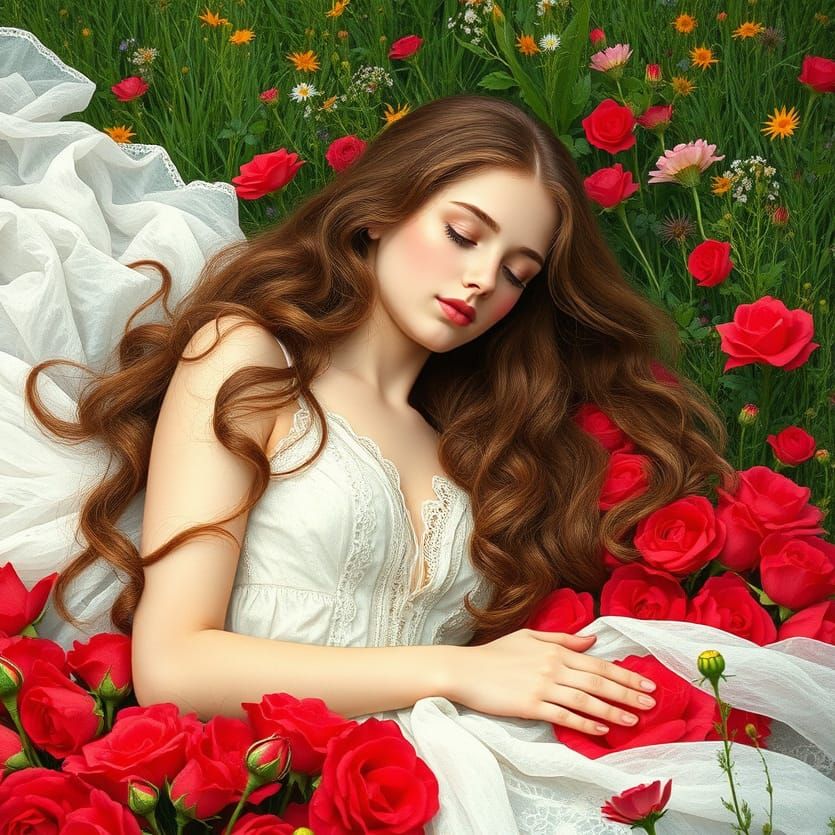 Lady on Rose Bed in Floral Meadow