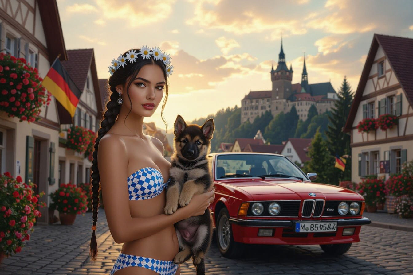 Woman with Edelweiss Crown and German Shepherd by BMW