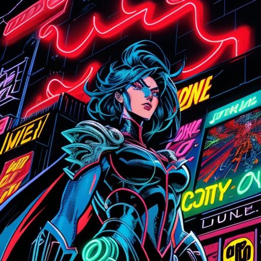 Dynamic Comic Style Superhero in Neon City