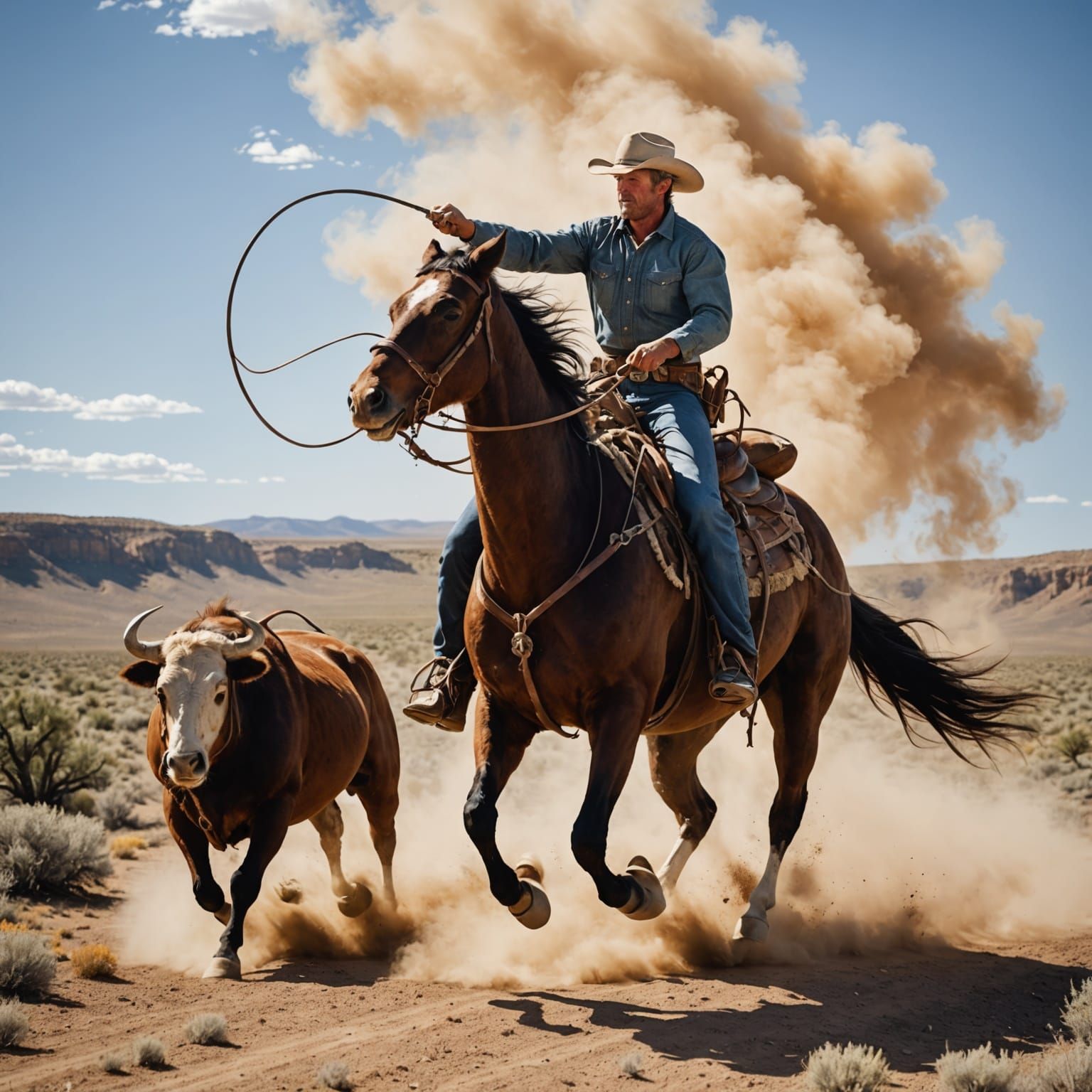 Cowboy Chasing Bull in Sagebrush Desert