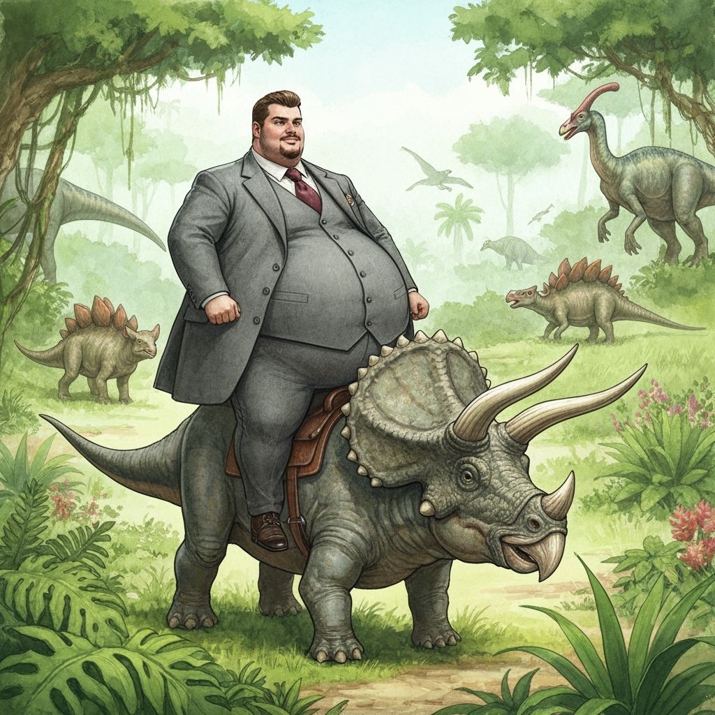 Confident Man Rides Dinosaur in Watercolor Style