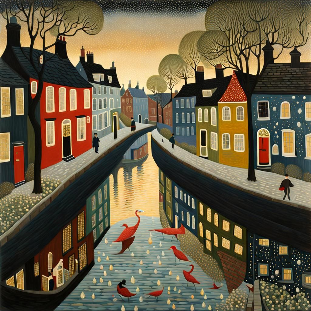 Detailed Canal-Side Houses in Deep Textured Oil Paint