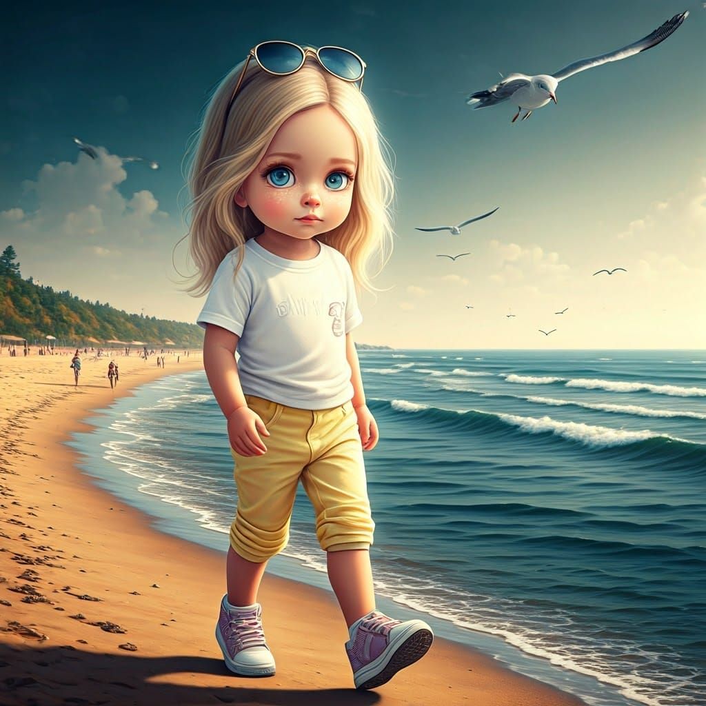 Art Nouveau Girl on Beach in Hyperrealistic Digital Art