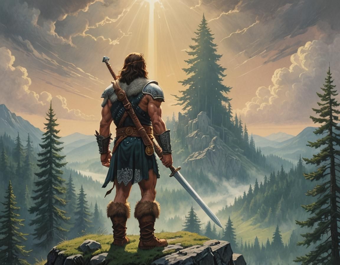 Barbarian Adventurer in a Vintage Fantasy Landscape