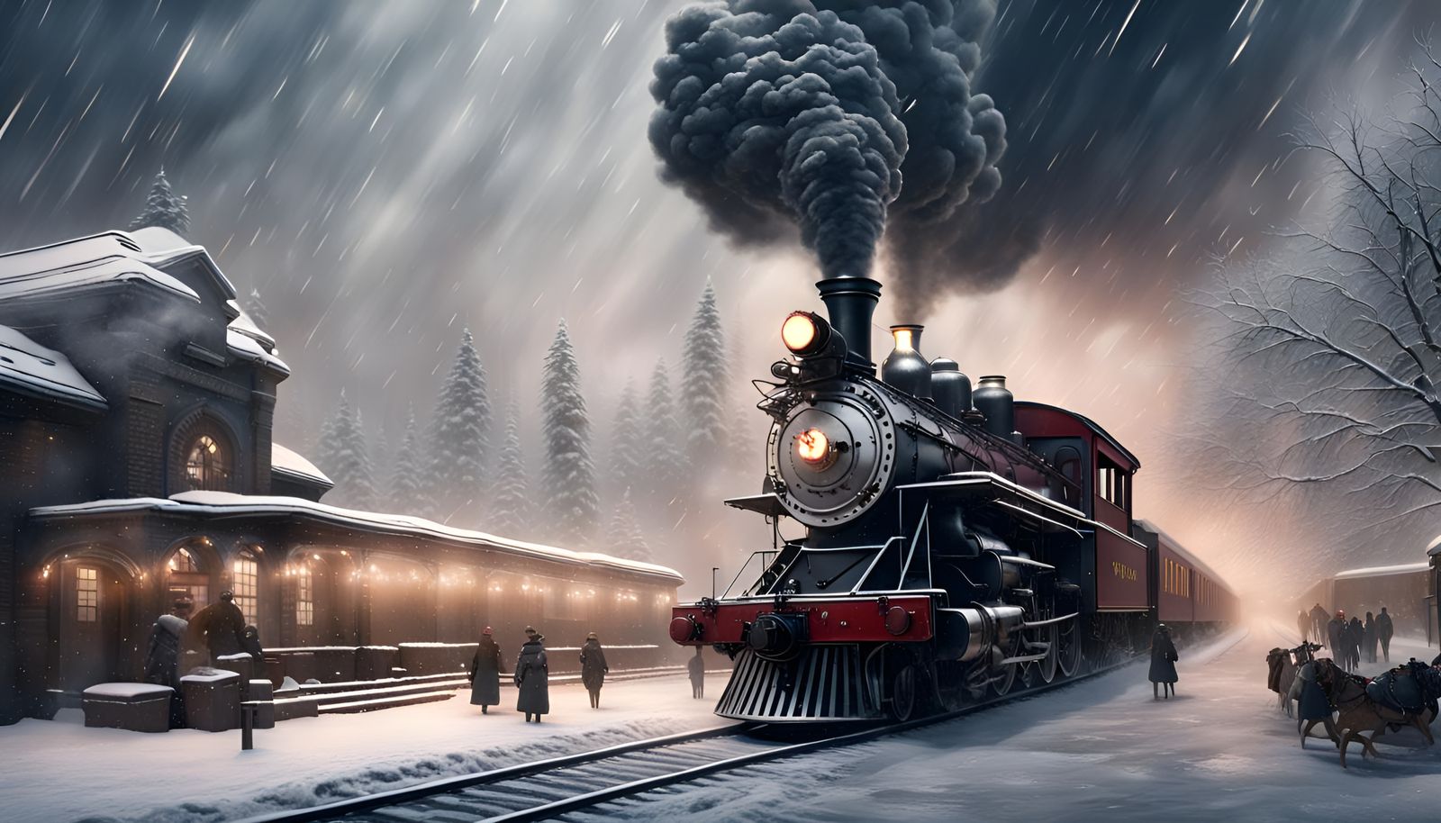 The 1890 epic steam train pulls into the train depot during a snowstorm on Christmas Day | detailed matte painting, deep...
