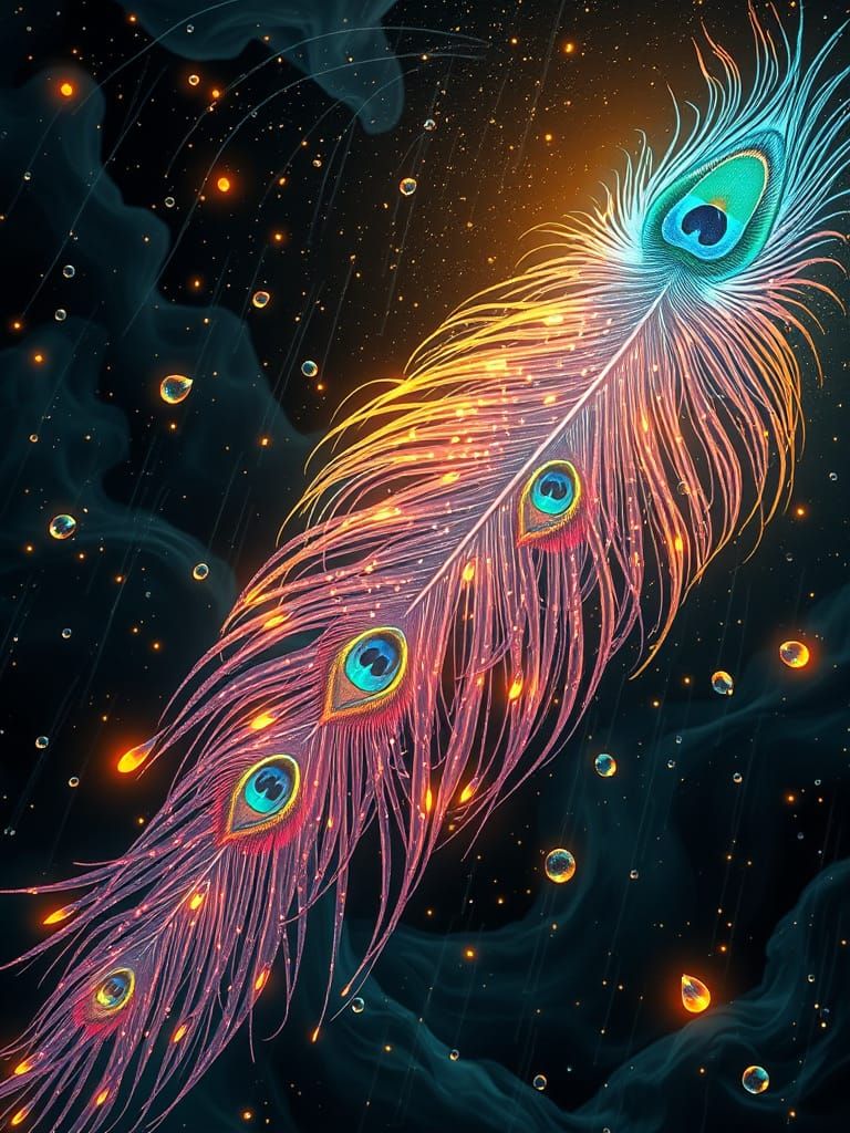 Luminous Peacock Feathers Rain in Bioluminescent Cosmos