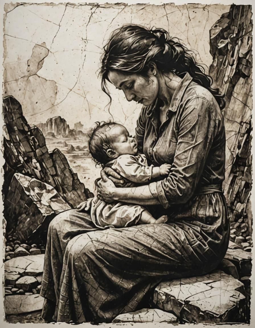 Mother and Newborn in Classic Stone Lithography