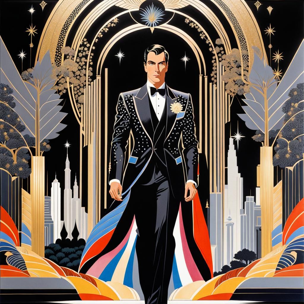 Art Deco Park Scene with Futuristic Magician