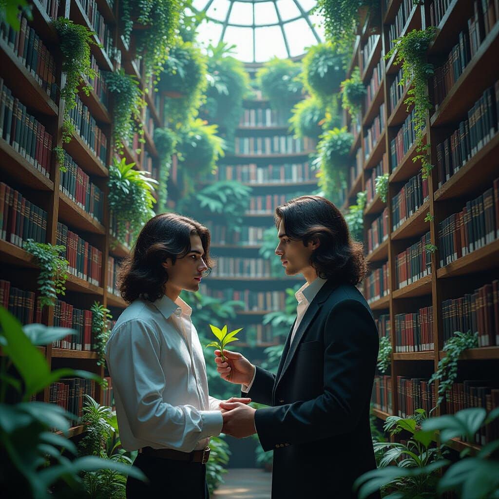 Vertical Garden Library in Surreal Art Nouveau Style