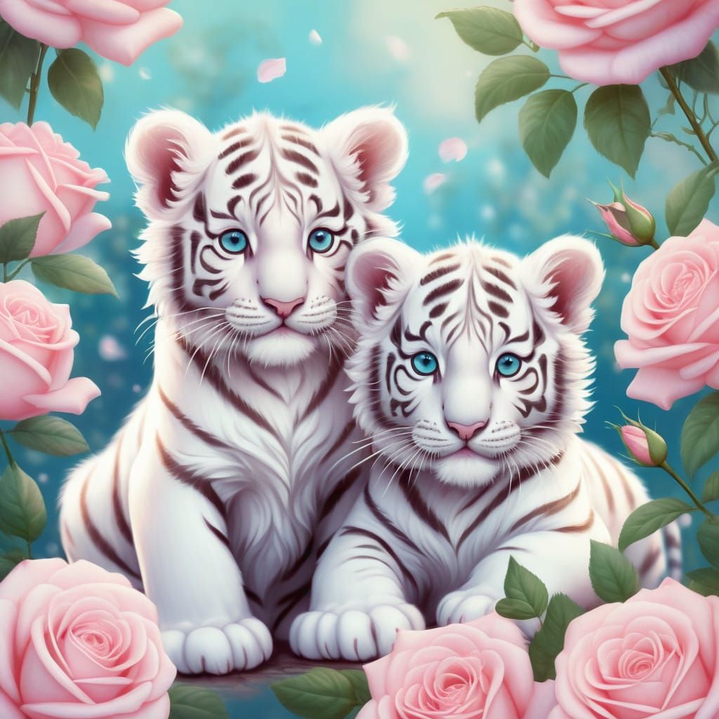Whimsical White Tiger Cubs in Pastel Paradise