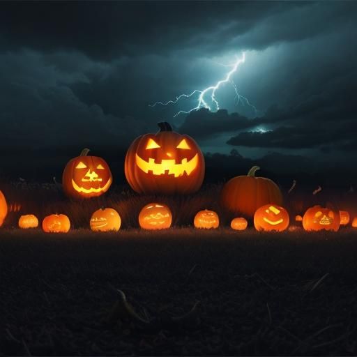 Surreal Haunted Pumpkin Patch in Electric Storm