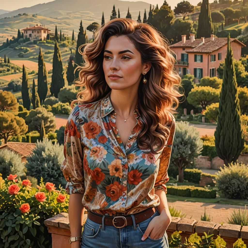 Italian Woman in Floral Blouse, Realistic Portrait
