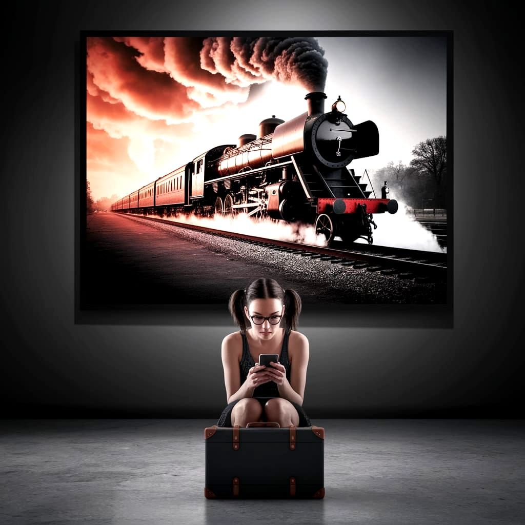Surreal Train Station Scene in a Gallery
