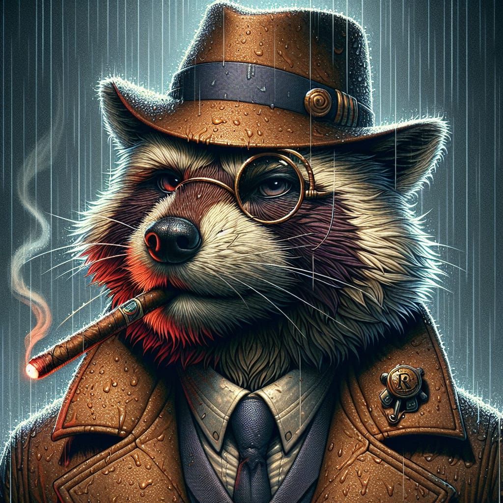 Raccoon Detective in Rainy Noir Style