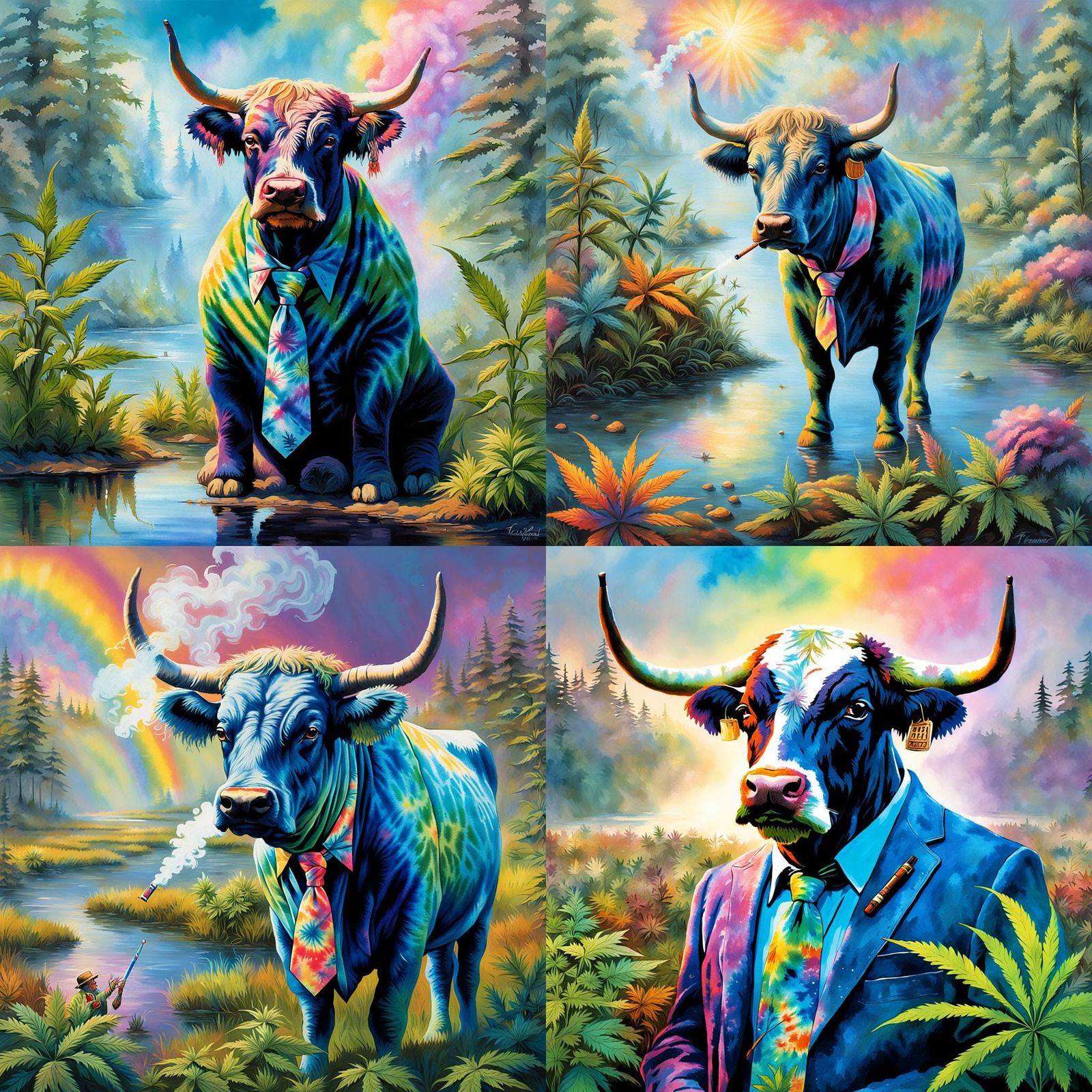 Psychedelic Hippie Bull Trimming Cannabis in Marsh