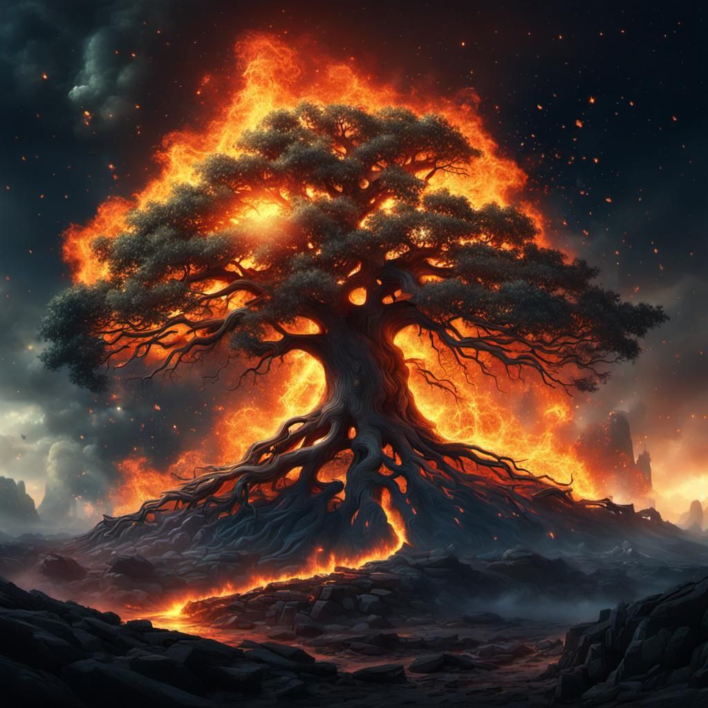 Fiery Tree Amidst Cosmic Space: Digital Matte Painting