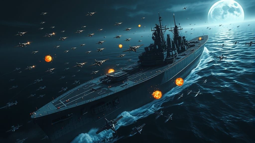 Epic Battleship Under Siege by Modern Aircraft in Dark, Ethe...