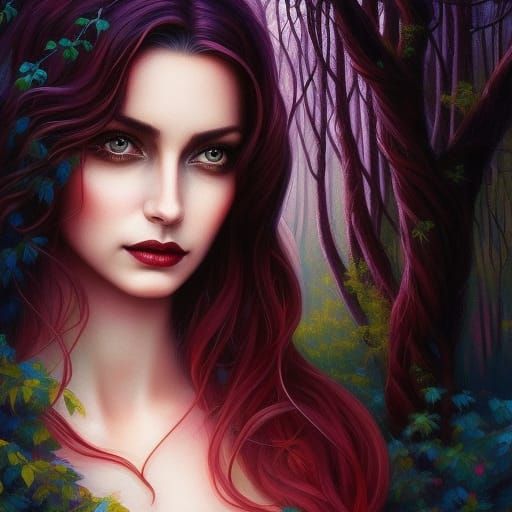Mysterious Forest Woman Portrait in Detailed Painting Style