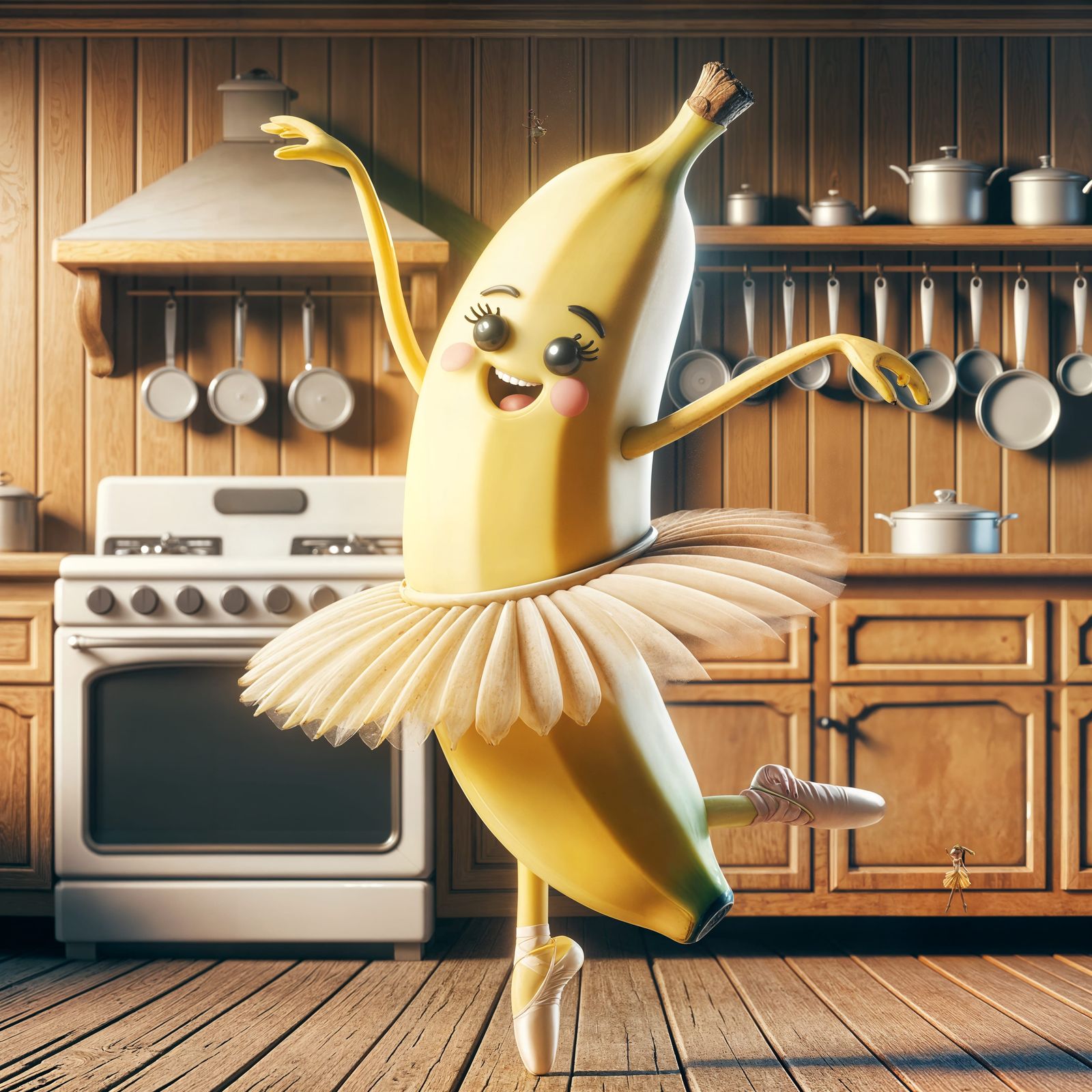 Happy Banana Ballerina in Rustic Kitchen: CGI Cartoon