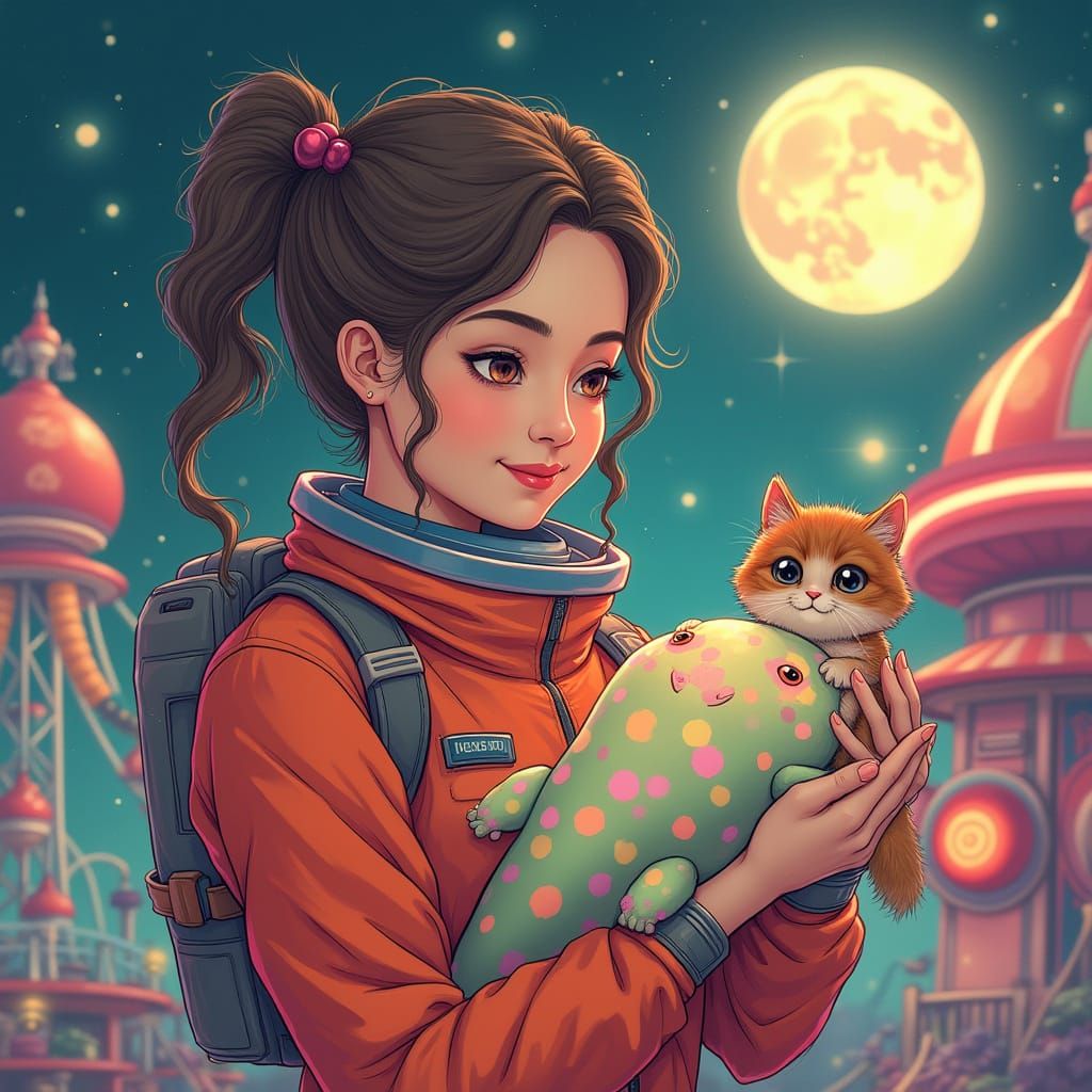 Woman Cradles Rainbow Axolotl in Lunar Theme Park with Kitte...