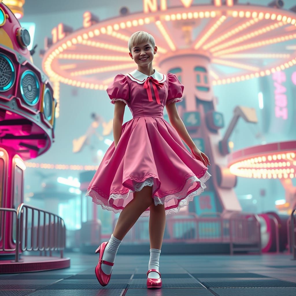 Futuristic Amusement Park Enthusiast Makes a Joyful Curtsey