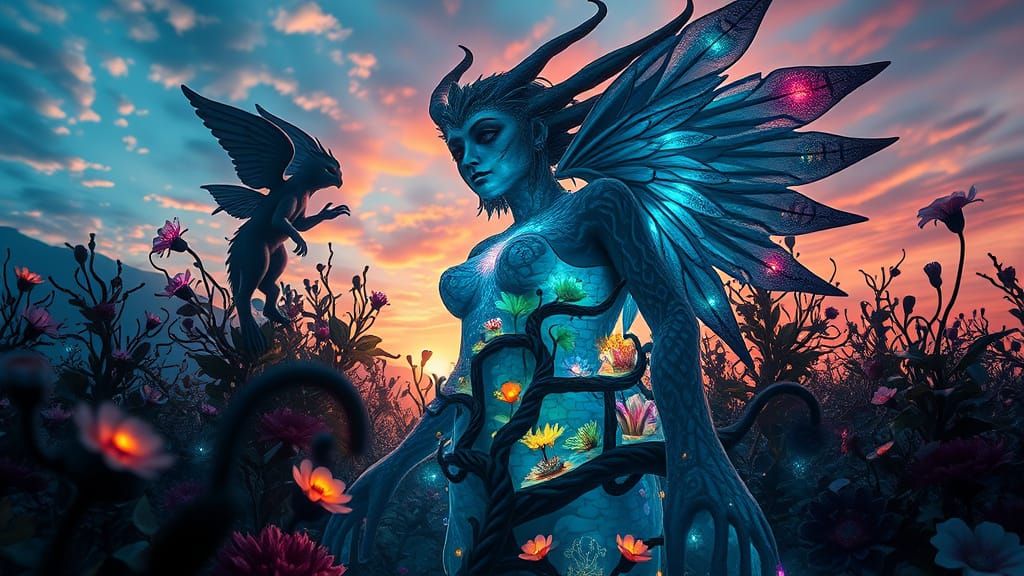 Dreamlike Falling Angel in Vibrant Sunset Landscape