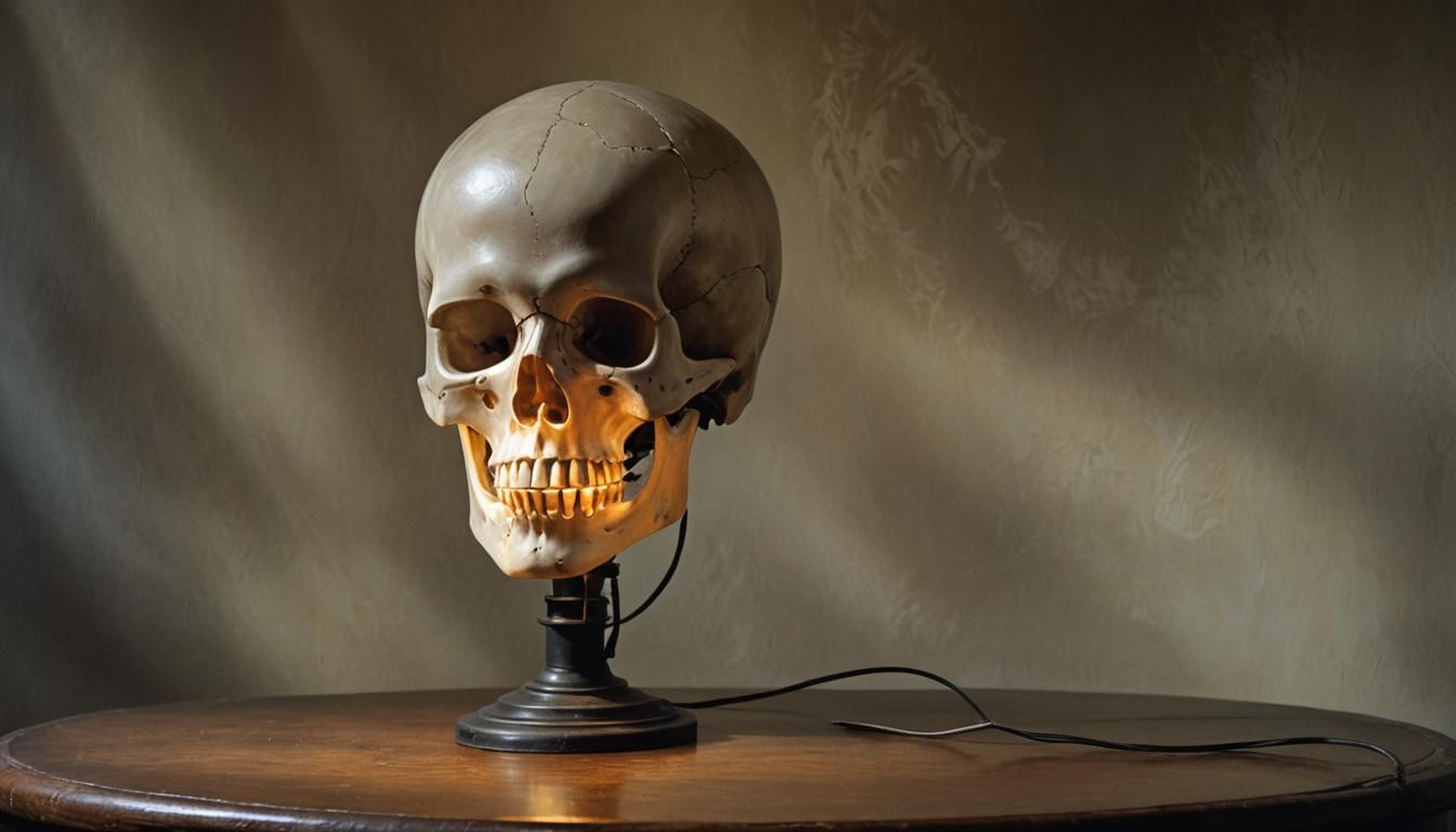 Surreal Mannequin Head with Lamp, Chiaroscuro Oil Painting