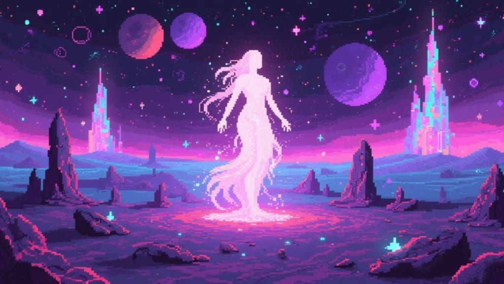 Pixel Art Celestial Being Descends on Alien Desert