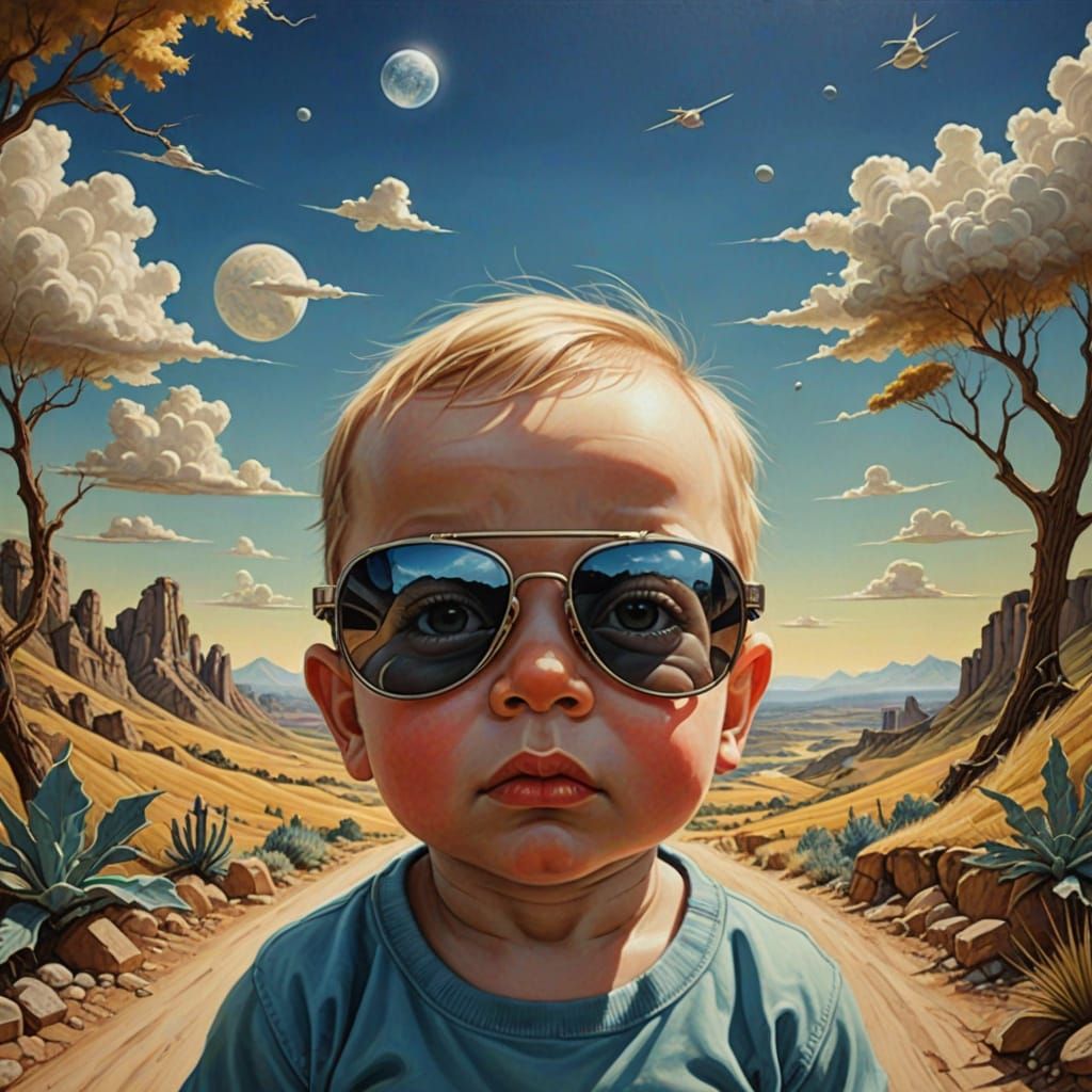 Surreal Baby Face Wearing Sunglasses in a Dreamscape