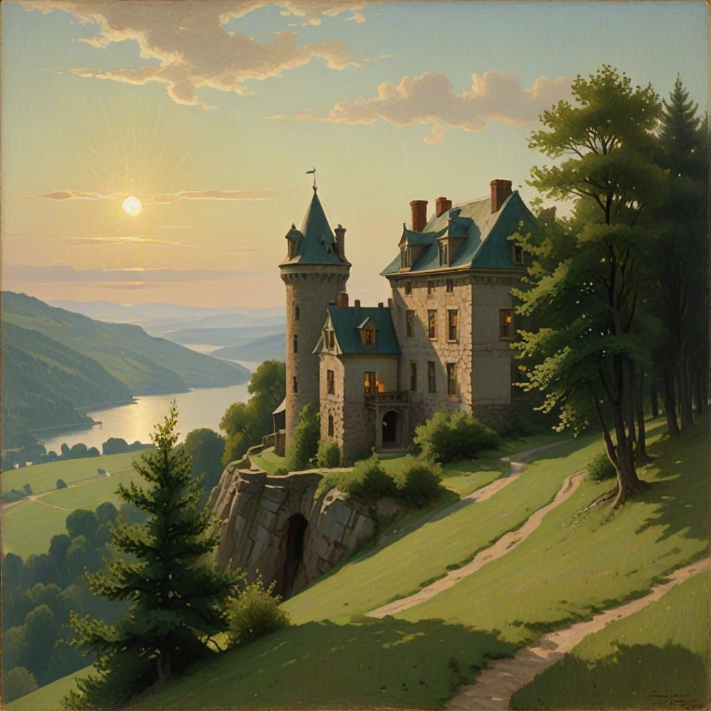 Castle Amidst Lush Green Hillside in Vibrant Post-Impression...