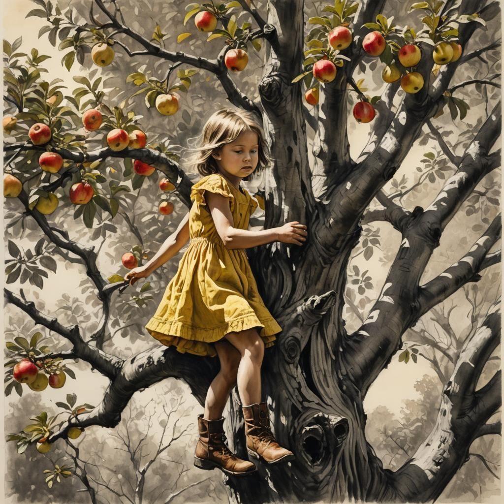 Child Climbing an Apple Tree, Vintage Ink Drawing