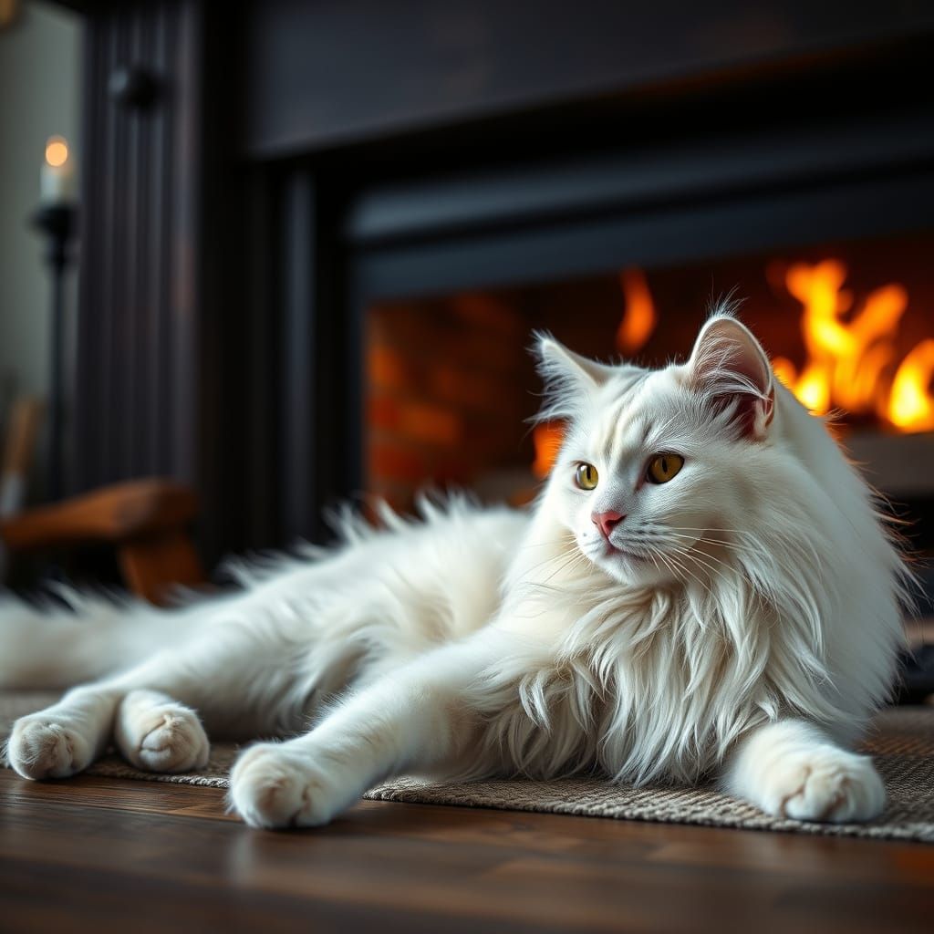 Surreal Feline in Warm Fireplace Glow