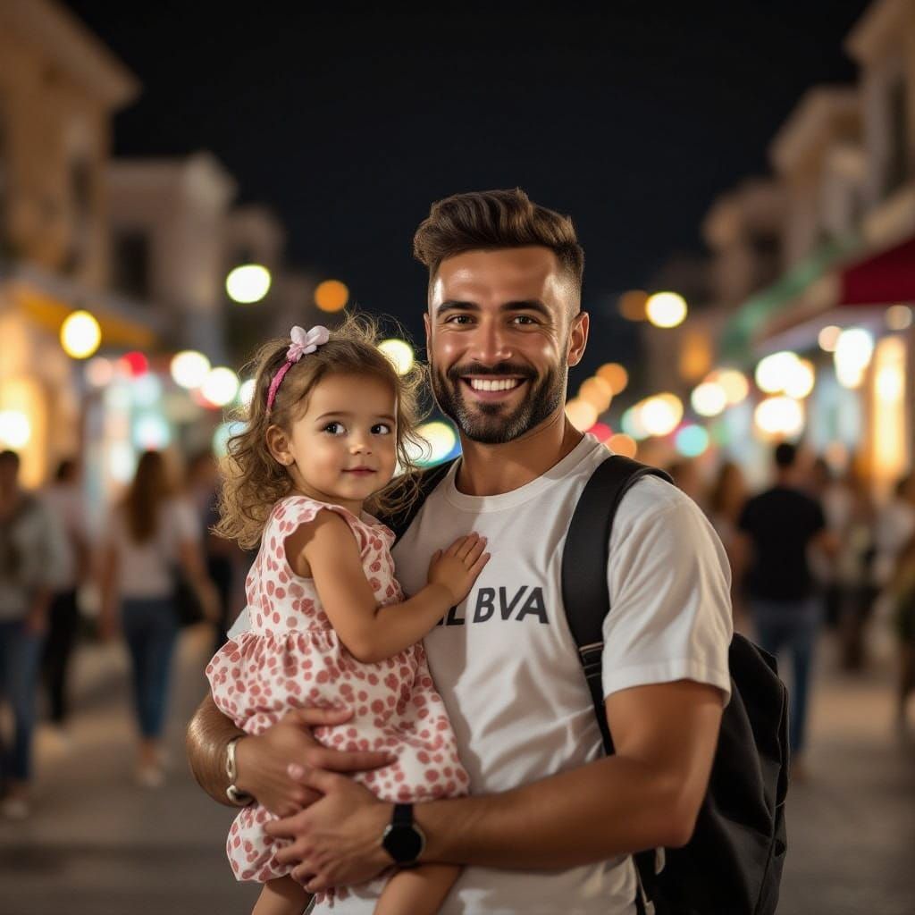 Man Smiling with Child in Public Place at Night