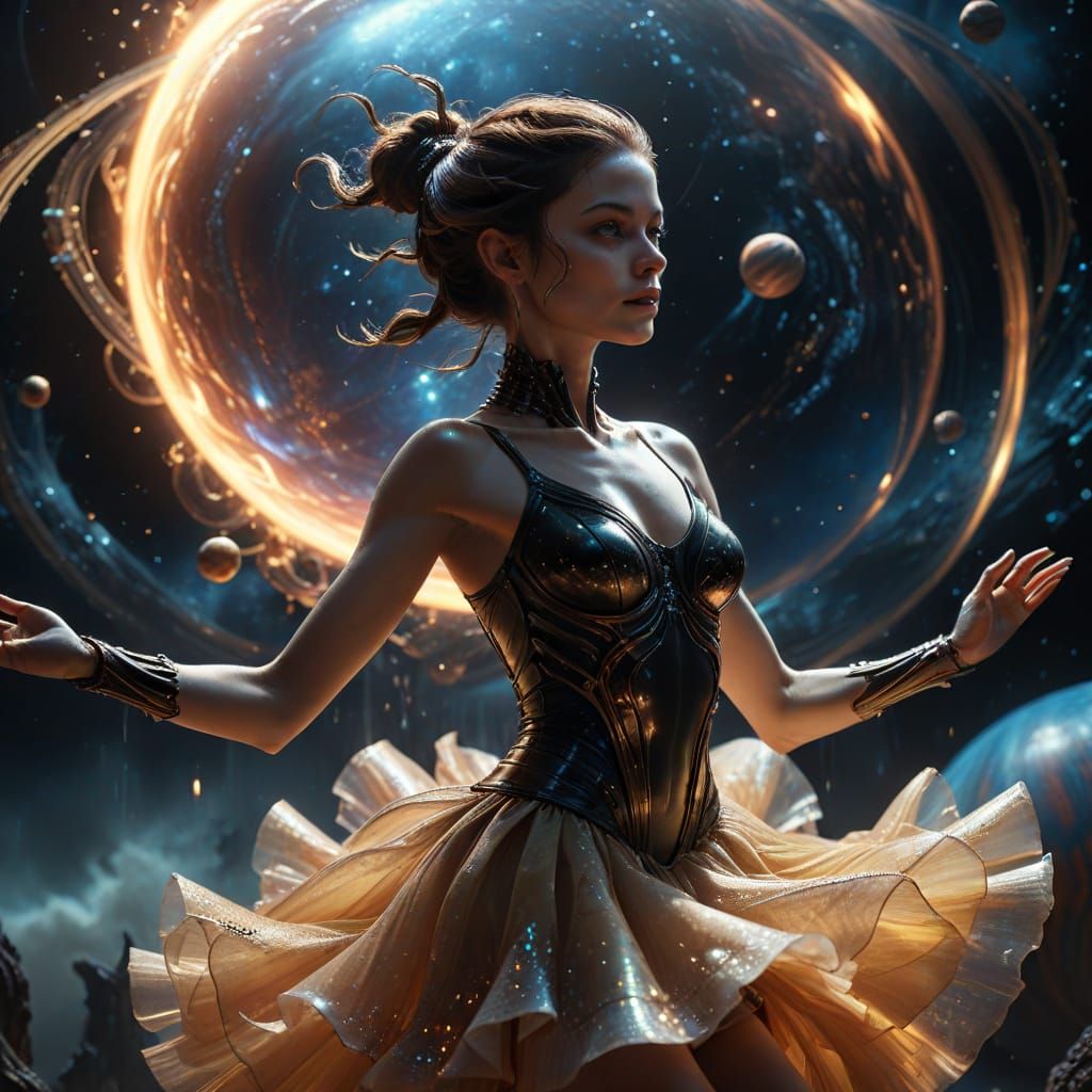 Surreal Xenomorph Ballerina Dances Amidst Gas Planet Rings